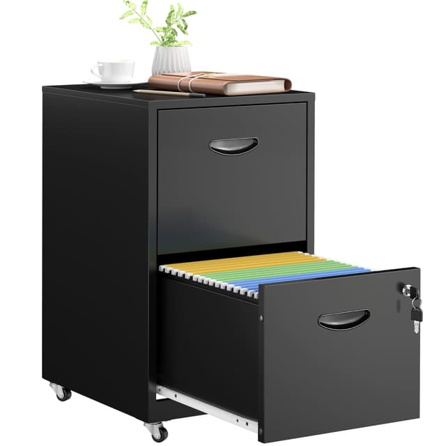SteeLoong 2 Drawer File Cabinet with Lock，Black Rolling File Cabinet for Home Office, Metal Small Mobile Filing Cabinets on Wheels for Hanging Letter