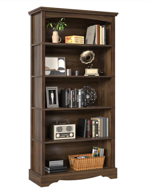 TVU 5-Tier Wooden Bookshelf, 65 Inch Tall Bookshelf with Storage, Floor Standing Modern Style Display Bookcase for Living Room, Office, Study Room, Entryway, Brown