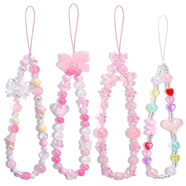 TINKRSTUFF 4 PCS Cute Phone Charms Aesthetic Y2K Cellphone Wrist Strap Bedazzling Bear Bow Butterfly Heart Star Flower Accessories Pink Beaded Anti-Theft Chain String for Bag Keychain Airpods Decor