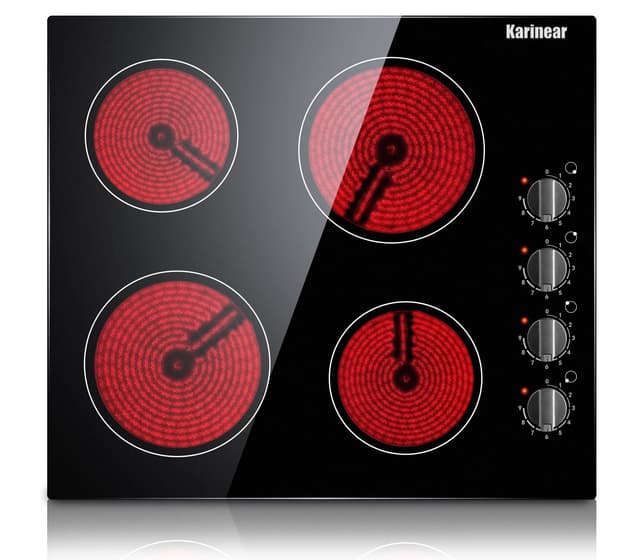 Karinear 4 Burner Electric Cooktop 24 Inch, Built-in Stove Top, 220-240v Radiant Cooktop with Knob Control, Residual Heat Indicator, Over-Temperature Protection, Hard Wire(No Plug)