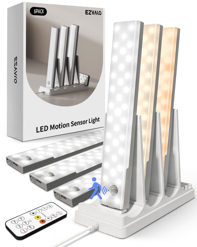 EZVALO 6-Pack Under Cabinet Lighting with Charging Station, 2000mAh Rechargeable Wireless Motion Sensor Lights, 3 Color Temps, Dimmable, Timer, Magnetic, with Remote Control for Kitchen, Closet, Stair