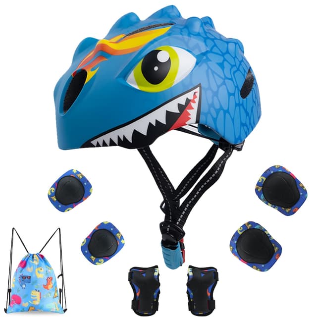 Toddler Helmet Kids Bike Helmet for 2 3 4 5 6 7 8 Years Old Girls with 3D Dinosaur Design Protective Gear Set and Safety Certified, Toddler Bike Cycling Skating Skateboard Scooter Helmet (Blue)