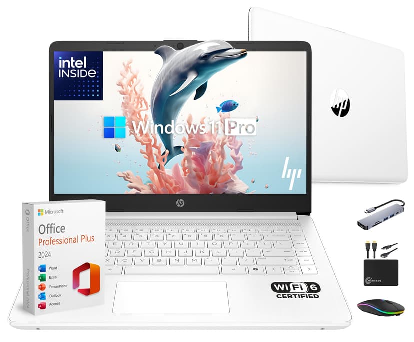 HP 14" Laptop Thin and Light for 2026 Student Business with Office Suite, Copilot AI, Intel CPU Up to 2.8GHz, 8GB RAM, 628GB Storage (128GB SSD+500GB Ext), WiFi 6, Win 11 Pro, MarxsolAccessory, White