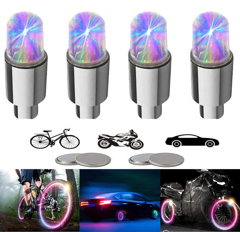 YUERWOVER 4 Pack LED Bike Wheel Lights Car Tire Valve Stems Caps Bicycle Motorcycle Waterproof Tyre Spoke Flash Lights Cool Reflector Accessories for Kids Men Women with 10 Extra Batteries(Colorful)