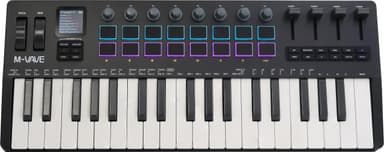 37-key MIDI keyboard controller with 16 backlit drum pads, perfect for music production and beat making with responsive touch sensitivity