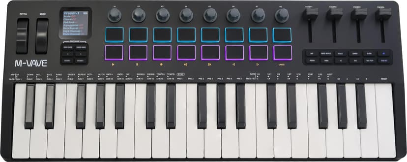 37-key MIDI keyboard controller with 16 backlit drum pads, perfect for music production and beat making with responsive touch sensitivity