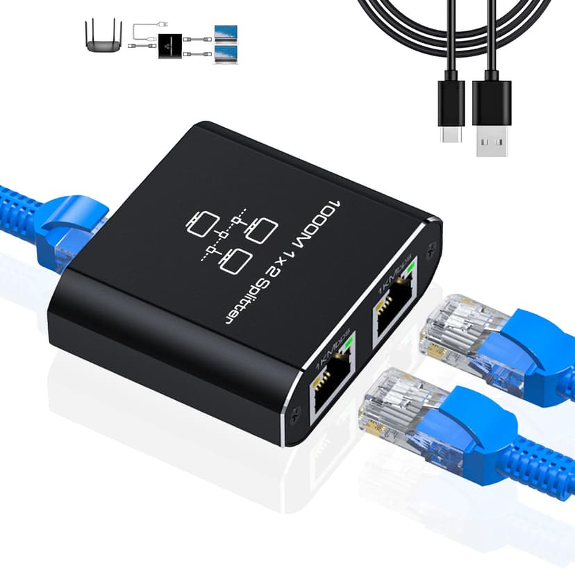 LIEZHUA Gigabit Ethernet Splitter 1 to 2 - Network Splitter with USB Power Cable, RJ45 Internet Adapter 1000Mbps High Speed for Cat 5/5e/6/7/8 Cable [2 Devices Networked Simultaneously]