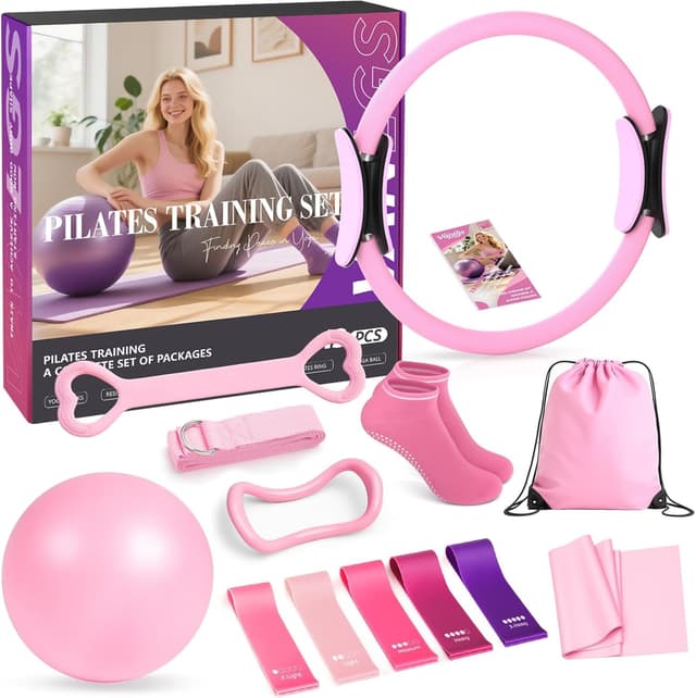 Vanlgs Pilates Kit 13Pcs Home Pilates Essentials Workout Kit with 13" Ring, 10" Ball and Resistance Bands for Women at Home Pilates Equipment Set for Beginners（Pink）