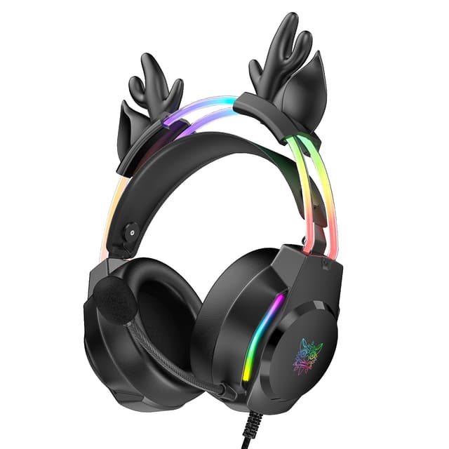 ONITOON Gaming Headset with Microphone, Deer Ears Headphones for PC Laptop PS4 PS5 Xbox Switch, Rainbow RGB Lighting & Virtual Surround Sound, 3.5mm Over Ear Headphones, Ergonomic