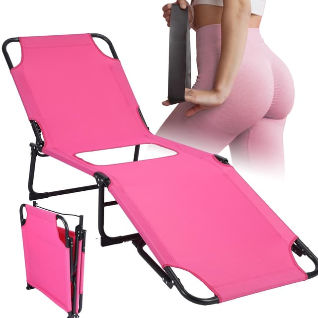 CroBlissful Fodlable BBL Chair with Hole, Adjustable 5-Position Lawn Chair for BBL Chaise Lounge After Surgery Recovery Bed for Patio Garden Poolside Outdoor Yard Beach (Pink)