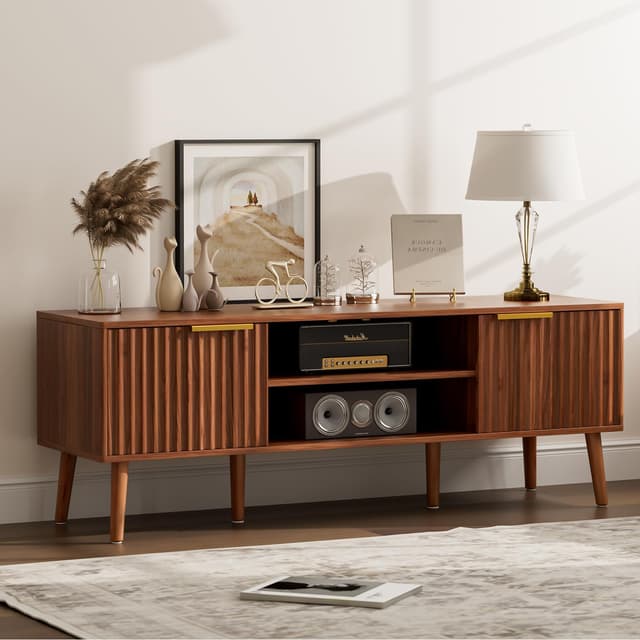 LCRBOL TV Stand for Living Room, Mid Century Modern Entertainment Center for 55/60 inch TVs, TV Console with Fluted Door Cabinets and Open Shelves, for Bedroom, Walnut