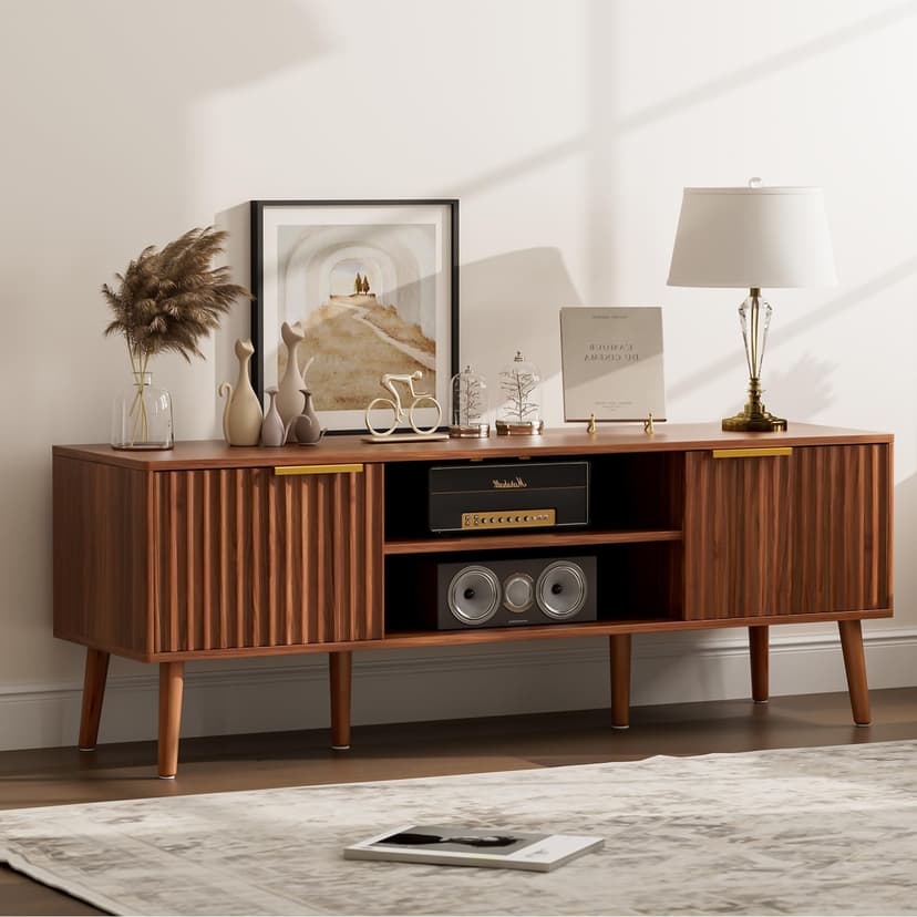 LCRBOL TV Stand for Living Room, Mid Century Modern Entertainment Center for 55/60 inch TVs, TV Console with Fluted Door Cabinets and Open Shelves, for Bedroom, Walnut