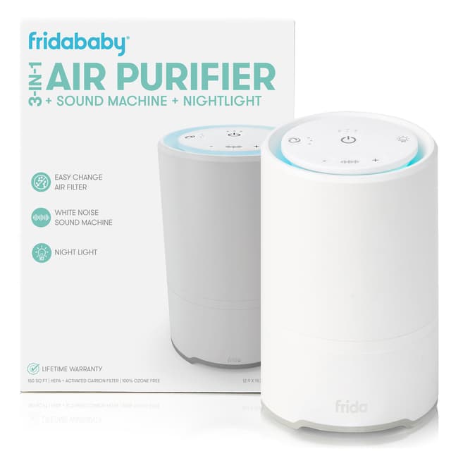 Frida Baby 3-in-1 Baby Air Purifier for Allergy Relief, Sound Machine for Sleeping + Nightlight, HEPA Filter Purifier for Bedroom with 3 Fan Speeds, Easy-Change Filter, Auto-Off Timer