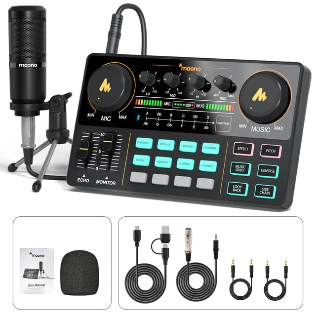 MAONO Podcast Equipment Bundle Audio mixer All-in-One Podcast Production Studio with 3.5mm Microphone for Live Streaming, Recording, PC, Smartphone, DJ MaonoCaster Lite (AU-AM200-S1)