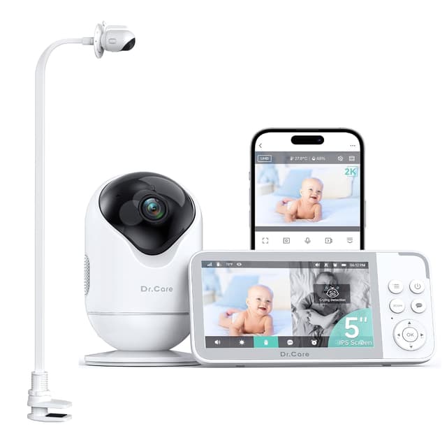 Dr.Care VistaView 5” Smart WiFi Baby Monitor with Clip Mount - 2K HD Camera, App Control, Cry & Motion Alerts, Night Vision, 5000mAh Battery, 2-Way Talk, Multi-User, Triple Security