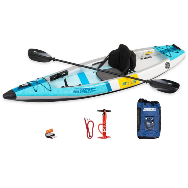 Sea Eagle EZLITE 10 Ultralight, All Woven, Drop Stitch, Rigid, High Performance, Easy Setup, 10' Solo Inflatable Kayak-Backpack, Seat, Carbon Paddle & Adjustable Footrests (EZLITE10 Pro Carbon Kayak)