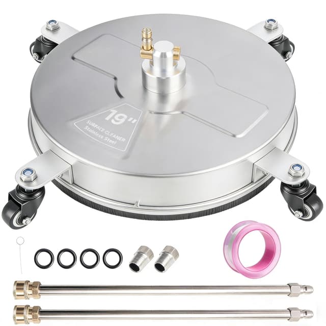 Hourleey 19" Pressure Washer Surface Cleaner, Stainless Steel Surface Cleaner with 4 Wheels for Concrete, Patio, Sidewalk, Deck, Pathway 1/4" Quick Connector, 2 Extension Wand, 4000 PSI