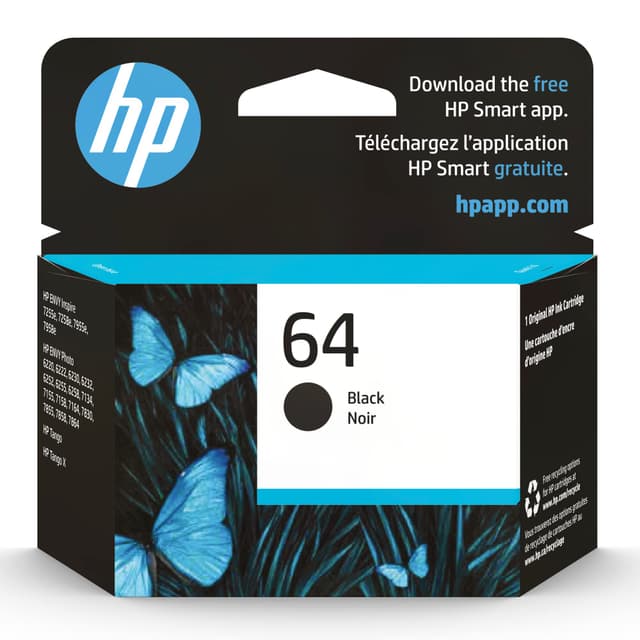 HP 64 Black Ink Cartridge | Works with Envy Inspire 7250e, 7950e, Envy Photo 6200, 7100, 7200, 7800, 7900, Tango Series | Eligible for Instant Ink | N9J90AN