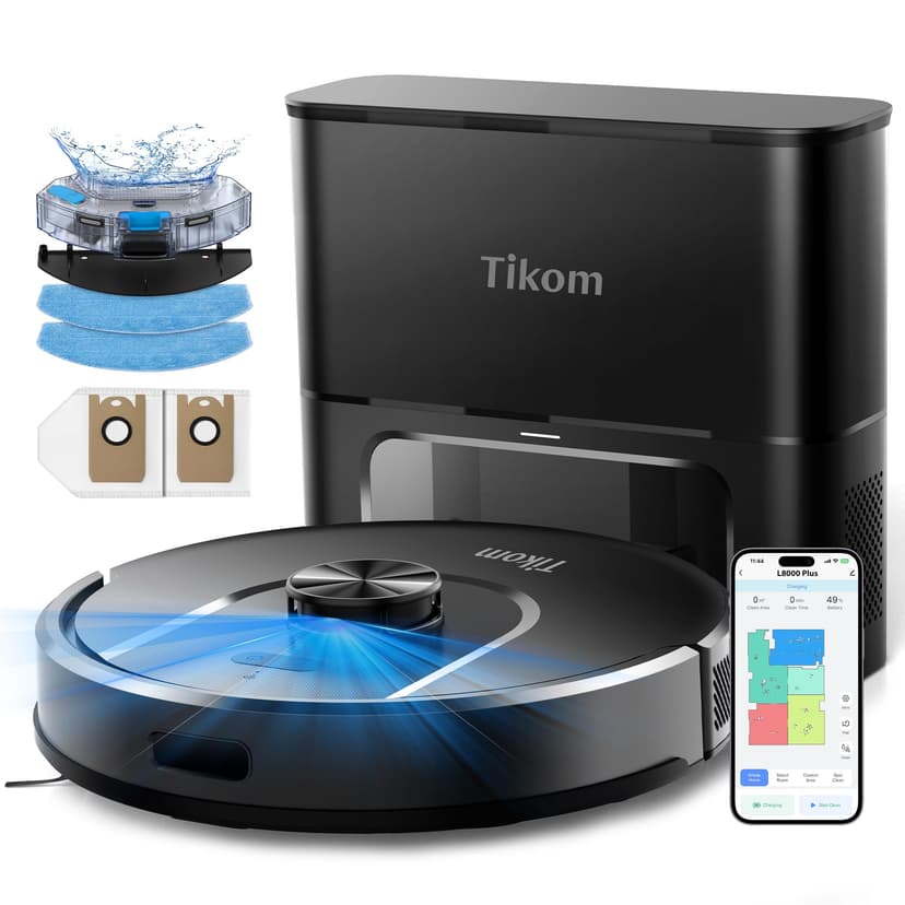 Tikom Robot Vacuum and Mop, 6000Pa Robotic Vacuum Cleaner with Self-Emptying Base, 90 Days Capacity, LiDAR Navigation, Home Mapping, Ideal for Pet Hair, Hard Floors, Carpet (L8000 Plus)