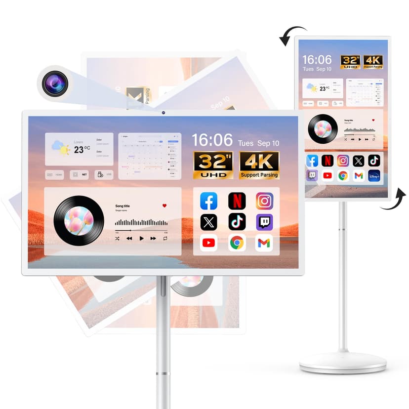 Kiyomo 32" Smart Portable TV on Wheels, UHD Touch Screen Rolling TV, 16GB RAM + 128GB Storage, Powerful Qualcomm Snapdragon CPU, Android 14 EDLA Certified, Supports Google Play with 10000+ Apps