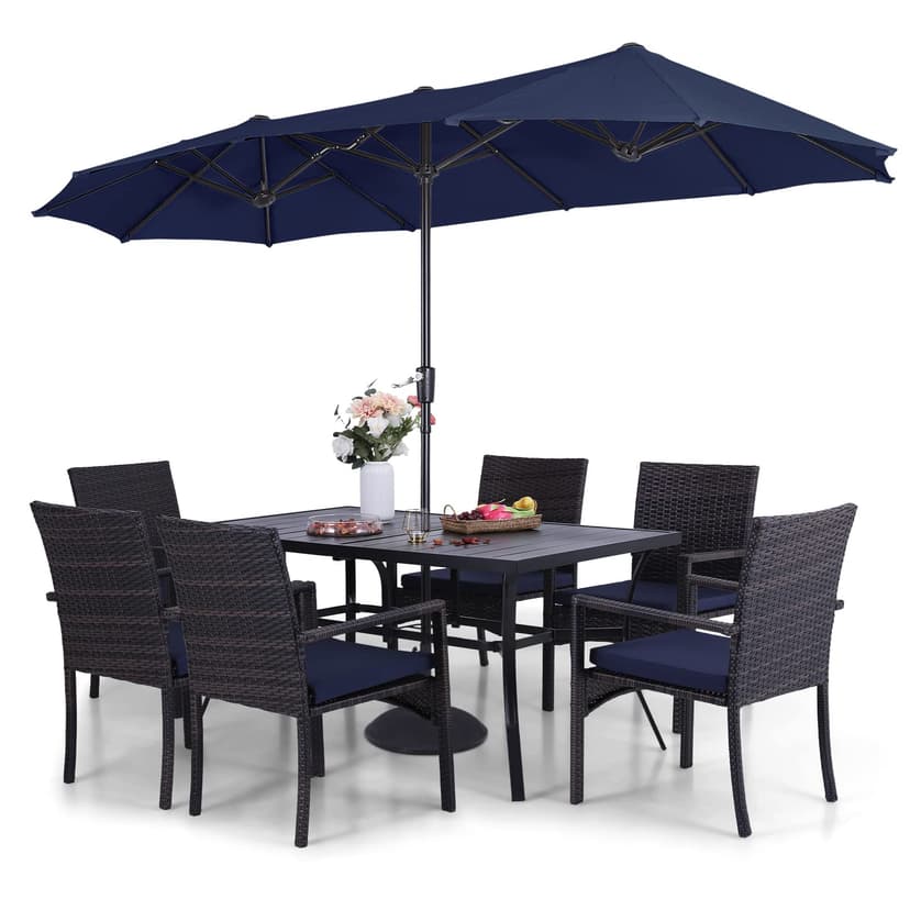 Sophia & William Patio Outdoor Table and Chairs Set with Umbrella Navy, Patio Dining Sets for 6, 7 Pieces Patio Table Set for Backyard Deck Porch Outside, Metal Table with Cushioned Rattan Chairs