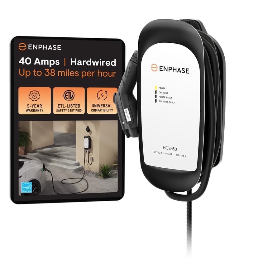 40 Amp Level 2 EV Charger for Home, Enphase HCS-50 (Formerly ClipperCreek), Hardwired, 5-Year Warranty, 25 ft Cable, J1772 Connector, Charge up to 38 Miles of Range per Hour