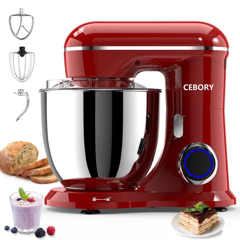 CEBORY 3-IN-1 Electric Stand Mixer, 6.5QT Bowl 660W 10-Speed Kitchen Mixer, Household Food Mixers include Dough Hook, Beater and Whisk, Bread Cake Mixer for Baking and Most Home Cooks, Red
