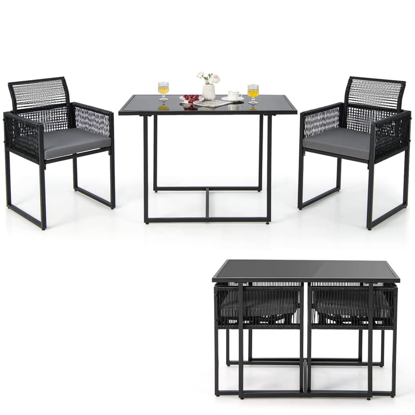 Tangkula 3 Pieces Outdoor Dining Set, Patio PE Rattan Furniture Set with Folding Backrest, Cozy Seat Cushions, Tempered Glass Tabletop, Space-Saving Rattan Chair Table Set for Backyard, Poolside
