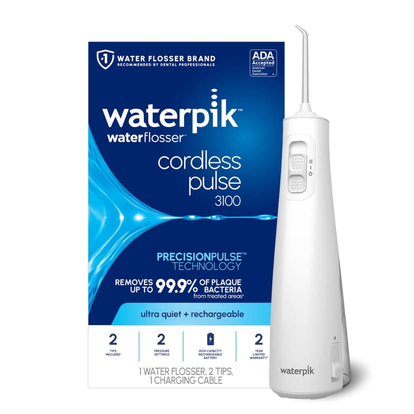 Waterpik Cordless Pulse Rechargeable Portable Water Flosser for Teeth, Gums, Braces Care and Travel with 2 Flossing Tips, Waterproof for Shower, ADA Accepted, WF-20 White, Packaging and Tips May Vary