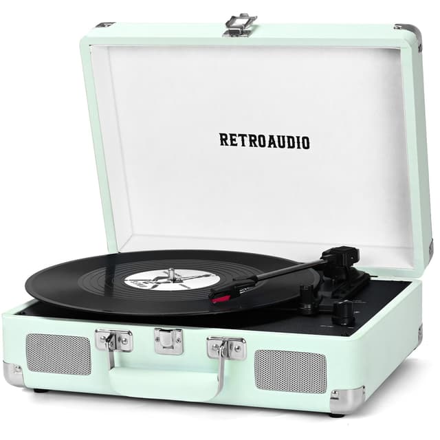 Vinyl Record Player Bluetooth Vintage Portable Suitcase Turntable with Built-in Speakers LP Player Support RCA Output and Headphone Output Light Cyan
