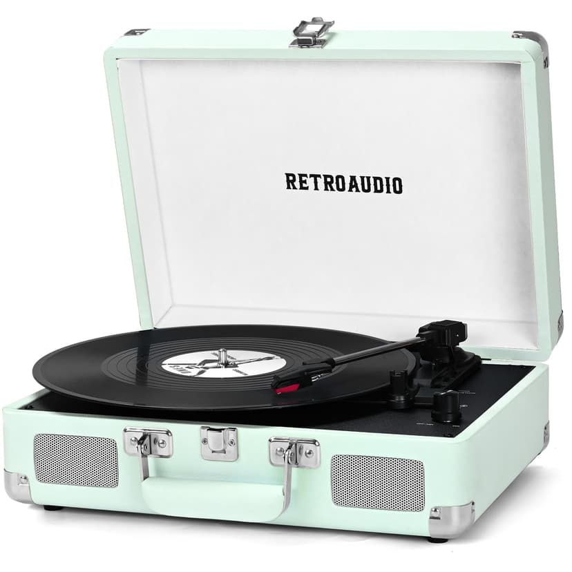 Vinyl Record Player Bluetooth Vintage Portable Suitcase Turntable with Built-in Speakers LP Player Support RCA Output and Headphone Output Light Cyan