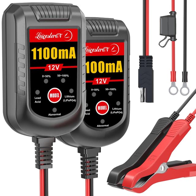 [2-Pack] Trickle Battery Charger 12V 1100mA Smart Car Battery Charger Battery Maintainer Float Charger for Motorcycle Lawn Mower Tractor Automotive ATV Lead Acid and Lithium Batteries