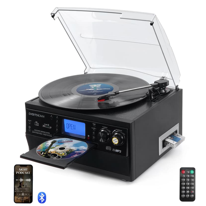 DIGITNOW 9-in-1 Record Player with Stereo Speaker, 3-Speed Turntable for Vinyl, CD/Cassette Player, Bluetooth, USB/SD Playback, AM/FM Radio, Aux-in, Remote Control (Black)