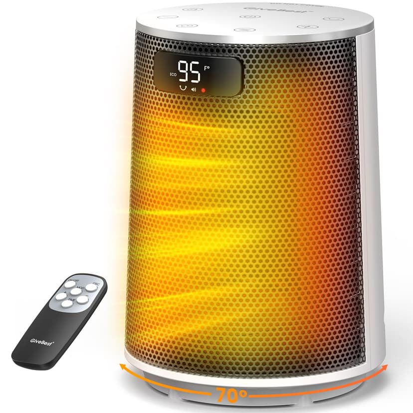GiveBest Space Heater, Electric Portable Heaters for Indoor Use with Thermostat and Remote, 70°Oscillation, Digital Display, 12H Timer, 1500W PTC Ceramic Fast Safety Heat for Office Bedroom, White