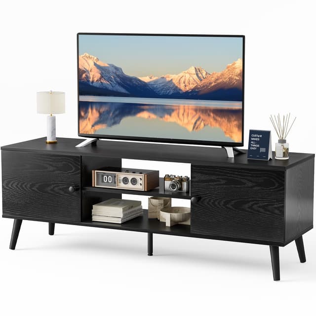 Sweetcrispy TV Stand for 55 60 inch TV, Modern Mid Century Entertainment Center with Storage, Media Console Table 2 Cabinet, Soft Hinge, Handle Door, Wooden Living Room, Office Furniture, Black