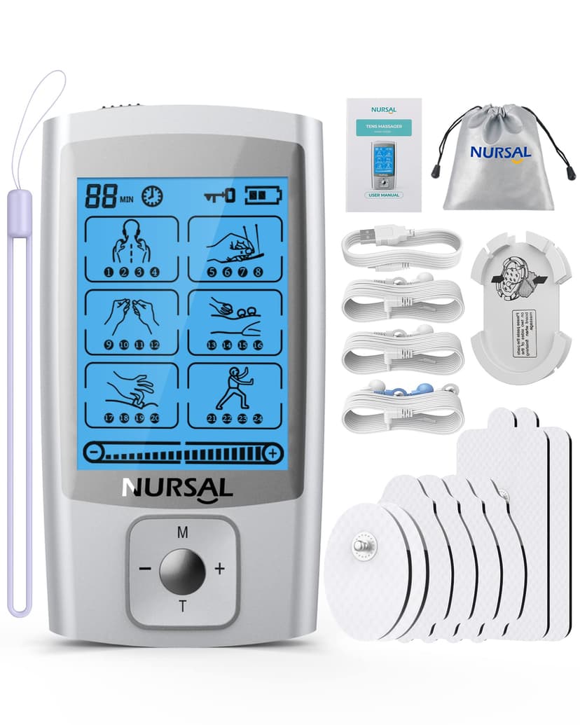 NURSAL 24 Modes TENS Unit Muscle Stimulator with Continuous Stimulation, Rechargeable Electronic Pulse Massager with 8 Pads for Back and Shoulder Pain Relief and Muscle Strength (Silver)