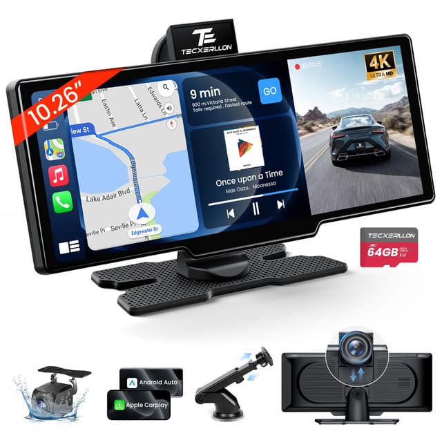 TECXERLLON 10.26'' Portable Apple CarPlay Screen for Car with 4K Dash Cam & 1080P HD Backup Camera, Wireless Car Play & Android Auto with OTA,GPS Navigation, Airplay, Mirror Link