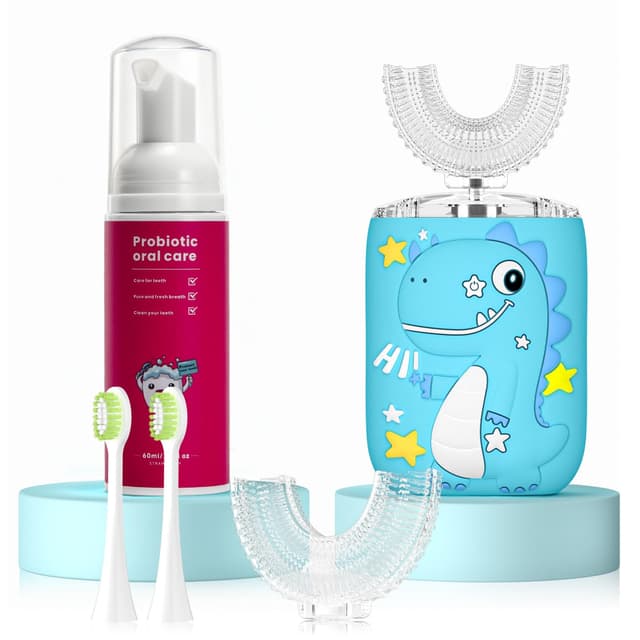 PVOGRT Kids Electric U Shaped Toothbrush,Kids Dinosaur Sonic Full Mouth Toothbrush with 4 Soft Brush Head Automatic 6 Cleaning Modes IPX7 Waterproof 360 Degree Cleaning - Age8-15 Blue