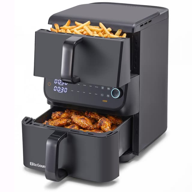 Elite Gourmet Dual Stacked Air Fryer, 10.5 Qt Total Capacity, PFAS-Free Nonstick Baskets, Sync Cook & Sync Finish, 10 Presets, 1700W, Black