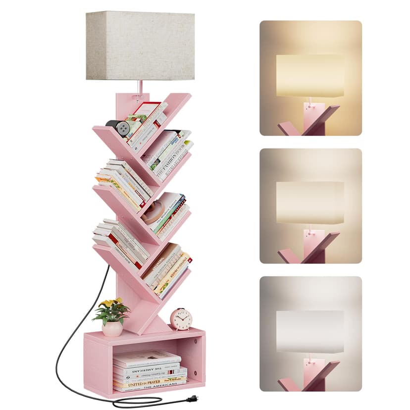 Evermagin 6 Tier Tree Bookshelf with Light, Narrow Bookcase Tower, Tall Floor Standing Book Shelf Organizer with Storage Cabinet for Living Room, Bedroom and Home Office, Pink
