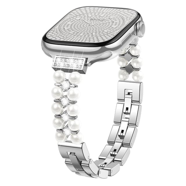 SOLOLUP Bling Pearl Diamond Metal Band for Apple Watch Bands for Women SE 3/2 40mm 41mm 42mm 38mm,Dressy Fancy Sparkle Jewelry Strap Metal Bracelet for iWatch Series 11 10 9 8 7 6 5 4 3 2 1,Silver