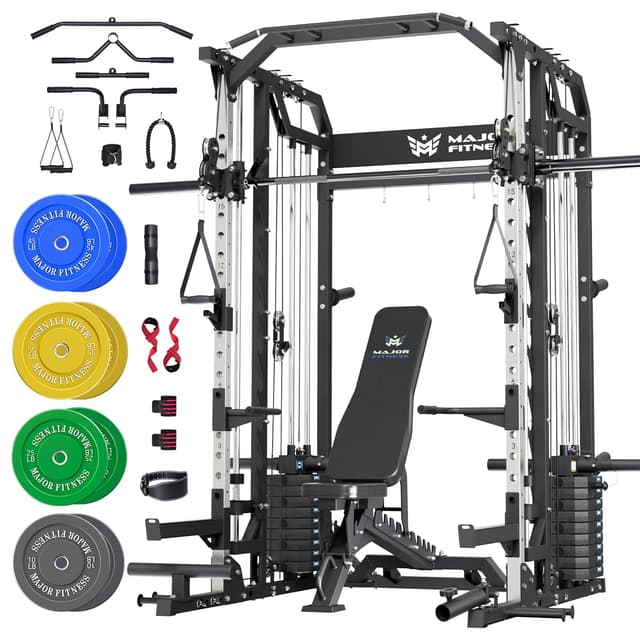 Major Fitness Drone2 Premium Smith△ Machine, All-in-One Home Gym Squat Rack with Aluminum Pulley Set, Weight Bar (SL D2AW Package(with Black Bench+230lb))
