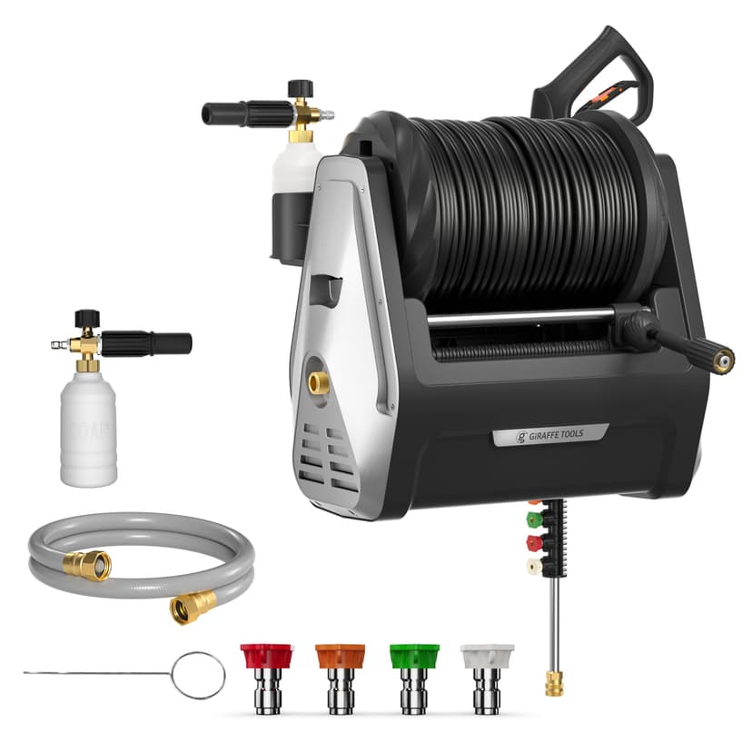 Giraffe Tools Wall Mounted Pressure Washer G30 with Upgraded 1800W Motor, Max 2900 PSI, 2.2 GPM Electric Power Washer with 100ft Retractable Black Pressure Hose, Automatic Rewind, Light Silver