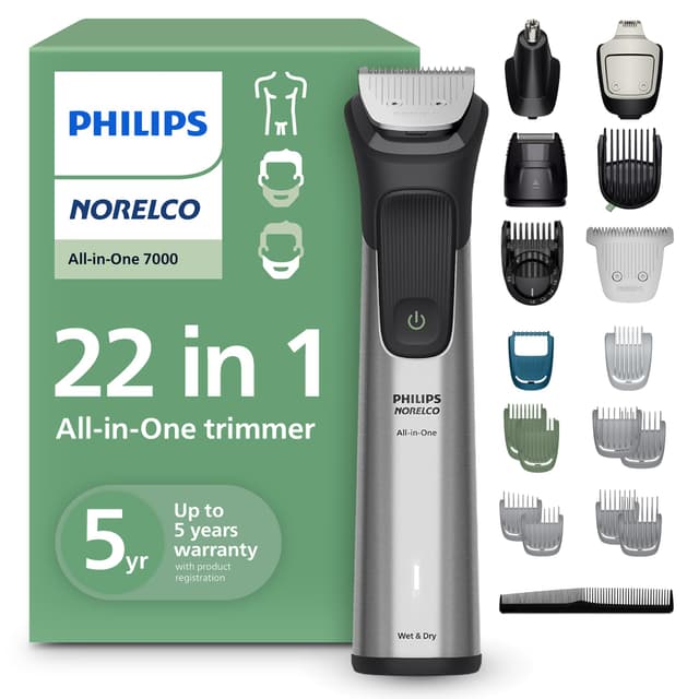 Norelco Philips All-in-One 7000 Series 22-Piece Trimmer - Electric Shaver and Clipper for Face, Beard, Head & Body, Self-Sharpening Full Metal Blades, 28 Length Settings (0.5-16 mm), MG7975/49