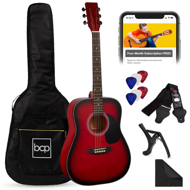 Best Choice Products 41in Full Size Beginner All Wood Acoustic Guitar Starter Set w/Gig Bag, Strap, Capo, Strings, Picks - Red Burst