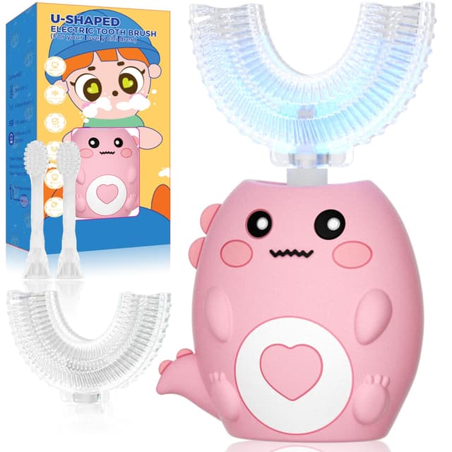 Lwalaneng Kids U Shaped Electric Toothbrush, with 3 Cleaning Modes, with 4 Brush Heads, 360° Sonic Automatic Toothbrush, IPX7 Waterproof Cartoon Dinosaur Design (Ages 2-12)