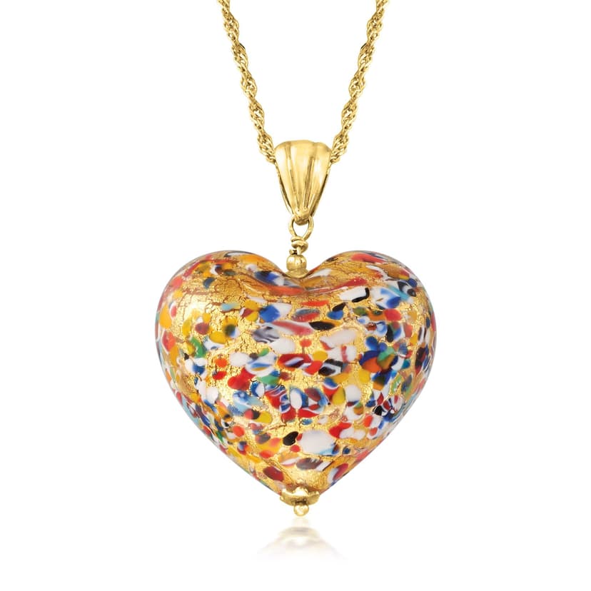 Ross-Simons Italian Murano Glass Heart Pendant Necklace in 18kt Gold Over Sterling