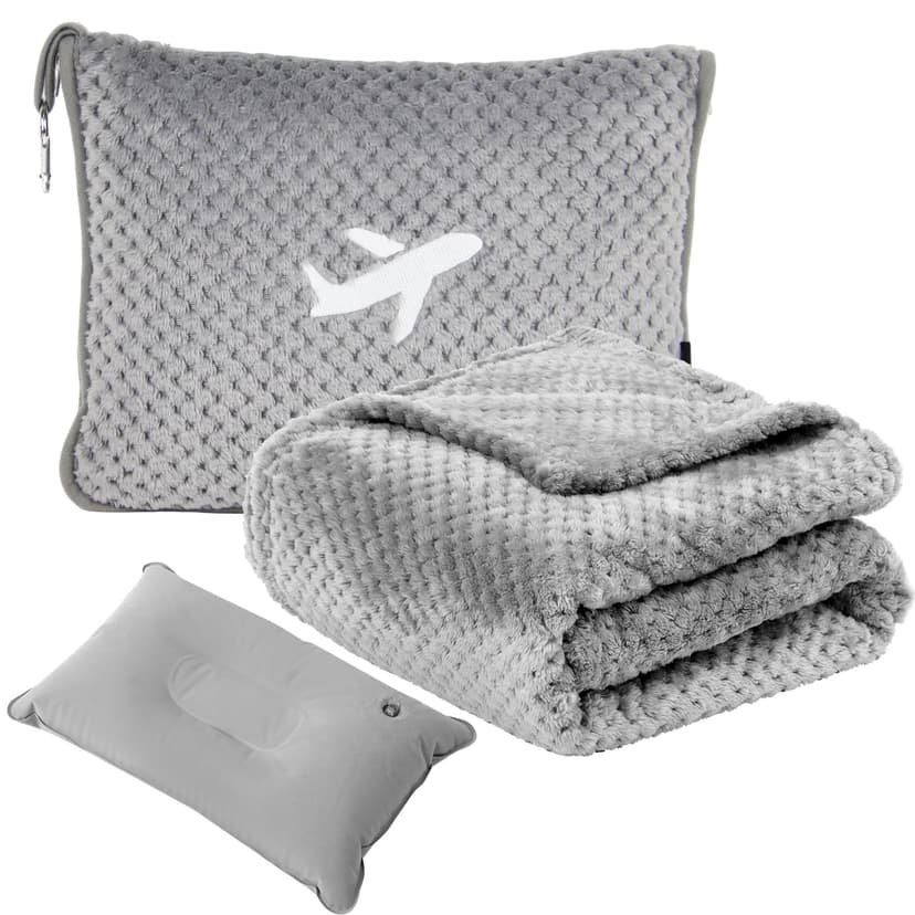 Nenolix Travel Blanket Airplane Compact with Bag, Travel Essentials 3 in 1 Packable Airplane Blanket, Travel Pillow and Blanket Set, Inflatable Pillow, Luggage Sleeve & Backpack Clip (Light Grey)