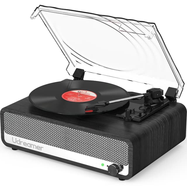 Vinyl Record Player with Built-in Speakers,3 Speed Turntable with Latest Bluetooth 5.3, AUX Input, Headphone Jack, RCA Output and Auto Stop, Mirror Vintage Wooden Black