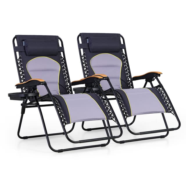 PHI VILLA XXL Oversized Padded Zero Gravity Chair Set of 2, Foldable Patio Recliner, 30" Wide Seat Anti Gravity Lounger with Armrest and Cup Holder, Support 400 LBS (Grey Accents)